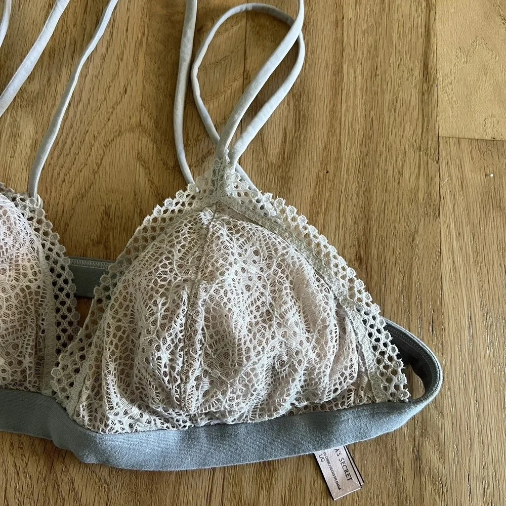 Victorias Secret Mesh Bralette Triangle Cups Adjustable Dot Lace Large Grey Gray